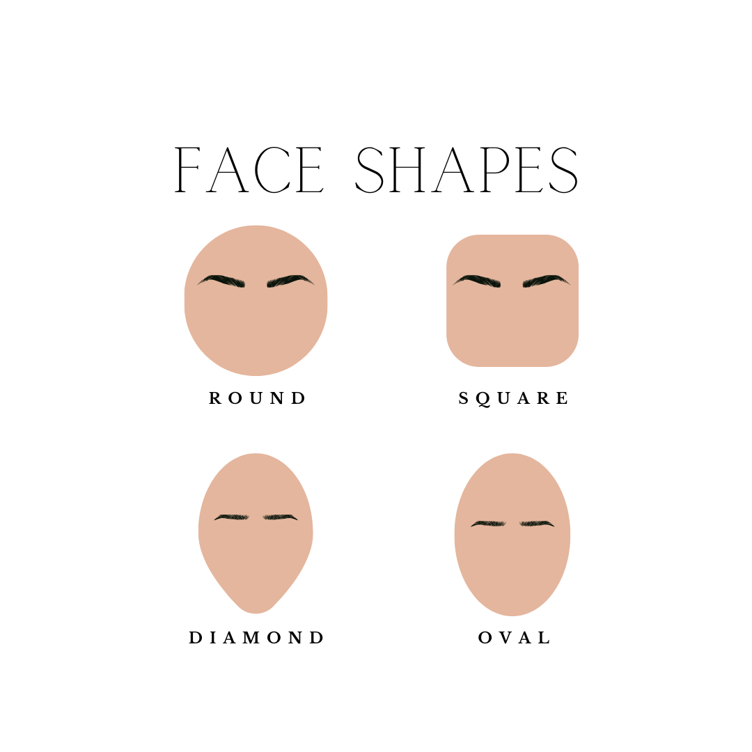 silhouettes of 4 face shapes (round, square, diamond, and oval).