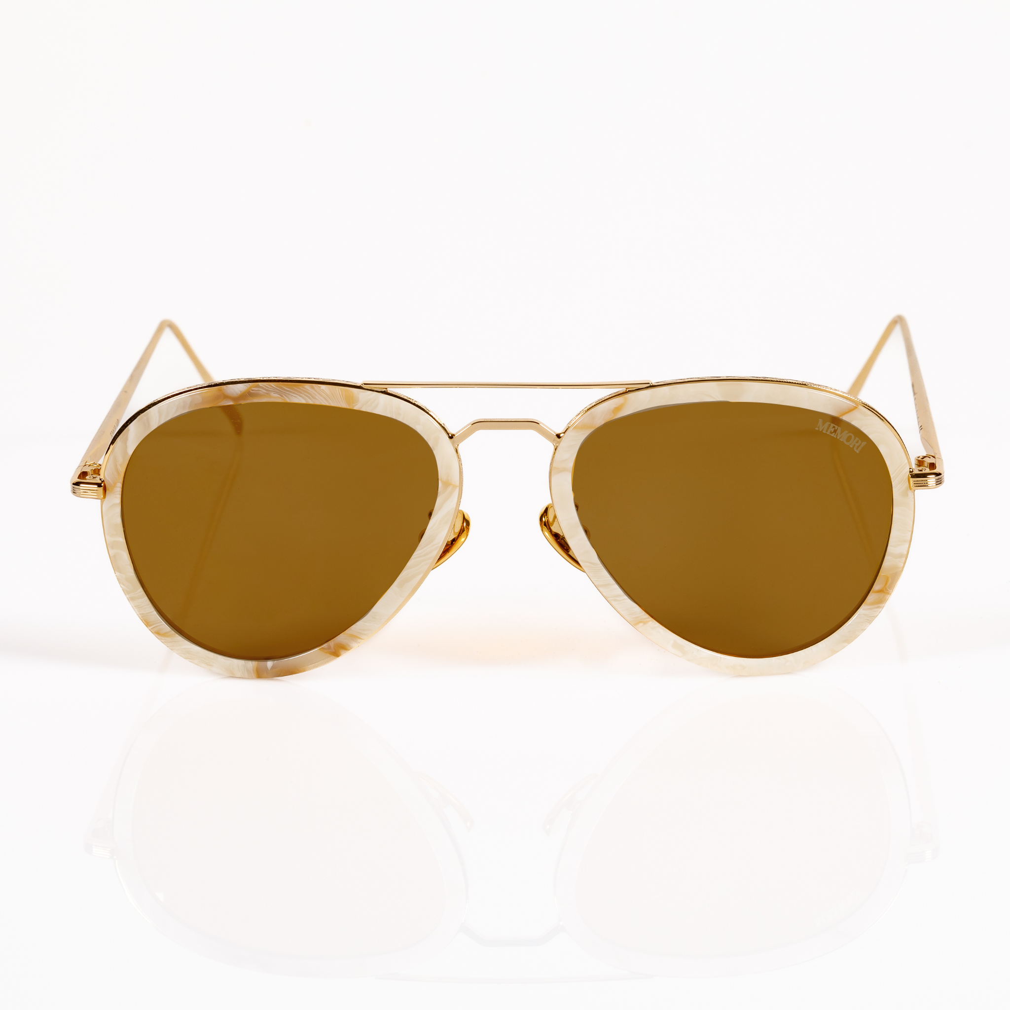 Aviator sunglasses for small faces gold  frame brown lens front view that shows white multidimensional artisanal acetate sheaths around lenses