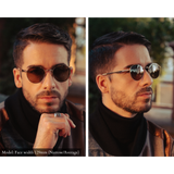 Male Model wearing Memorí round gold sunglasses with warm brown lenses. Sunglasses have a small fit and were designed for narrow face shape, and fit the model perfectly. Model has a face and head shape that is smaller than average. 