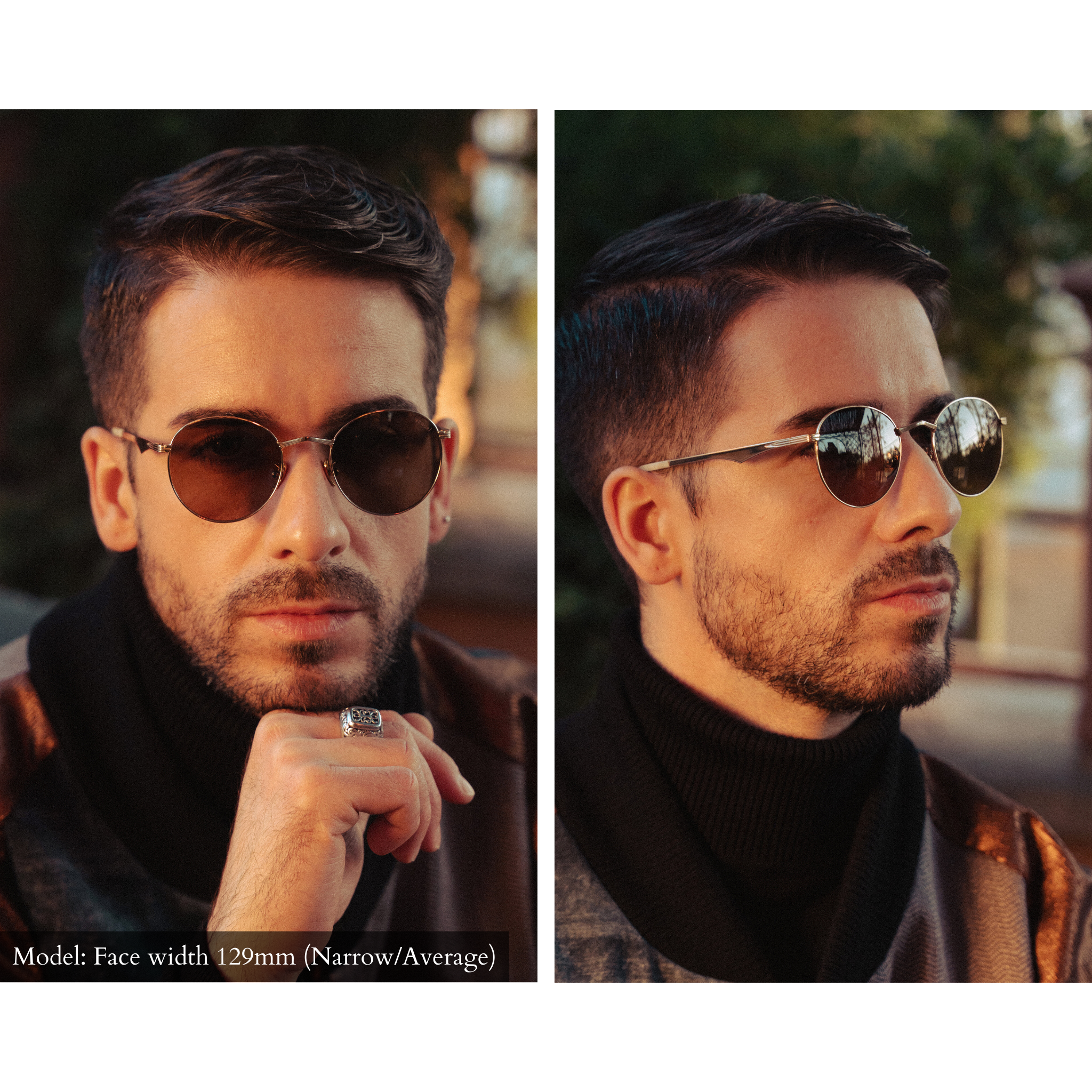 Male Model wearing Memorí round gold sunglasses with warm brown lenses. Sunglasses have a small fit and were designed for narrow face shape, and fit the model perfectly. Model has a face and head shape that is smaller than average. 