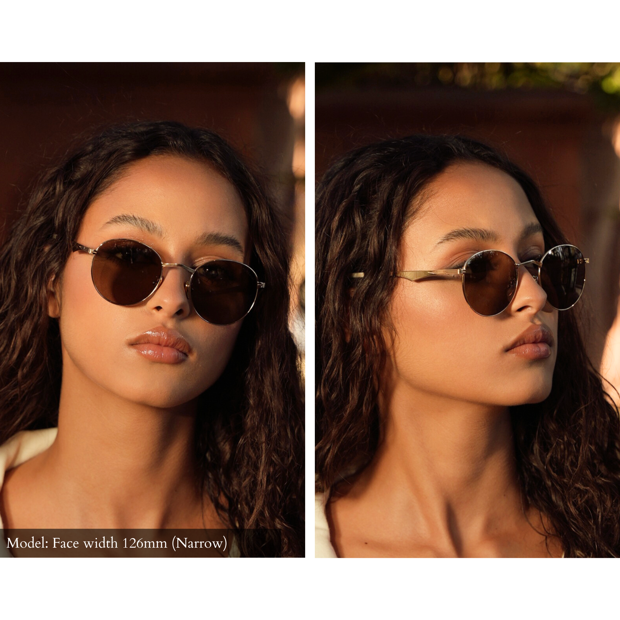 Female model wearing Memorí round gold sunglasses with warm brown lenses. Sunglasses have a small fit and were designed for narrow face shape, and fit the model perfectly. Model has a face and head shape that is smaller than average. In side view photo, the curved temple arm is visible and showcased. Frames give off a 70s aesthetic. 