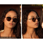 Model with small face wearing Memorí round gold sunglasses at two different angles. Showcases the angular nose bridge and scalloped temple arm detail. Expertly designed to be the best fitting sunglasses for small faces.