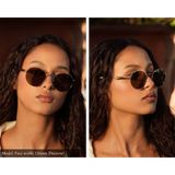 Model with small face wearing Memorí round gold sunglasses at two different angles. Showcases the angular nose bridge and scalloped temple arm detail. Expertly designed to be the best fitting sunglasses for small faces. 