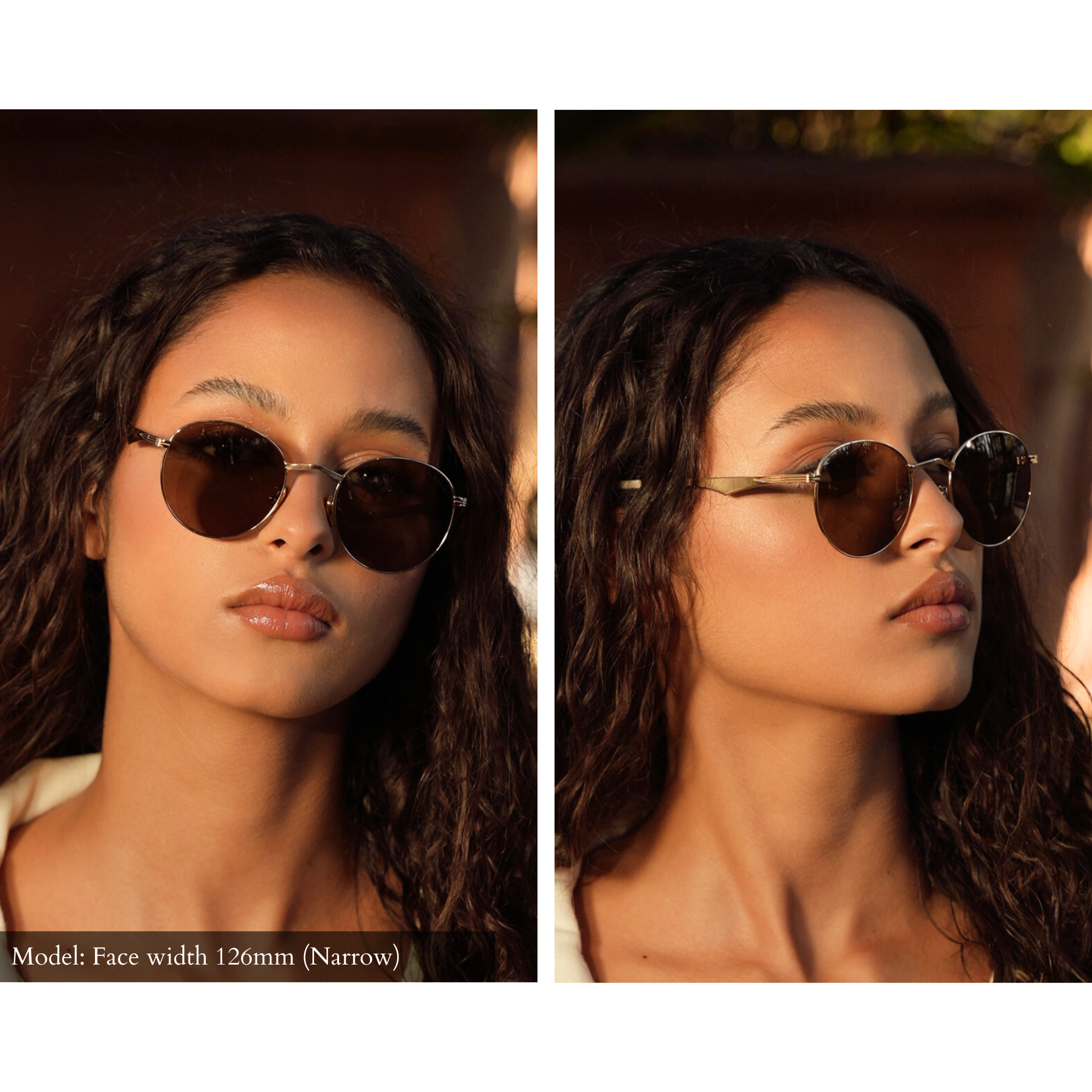 Model with small face wearing Memorí round gold sunglasses at two different angles. Showcases the angular nose bridge and scalloped temple arm detail. Expertly designed to be the best fitting sunglasses for small faces.