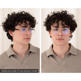 Two side-by-side images of male model wearing Balaustra Aviator sunglasses. Photo one has a turned head to show the tortoise temple arm. Photo two, the model is looking at the camera. Model has a narrow/small face shape and the glasses fit him very well.