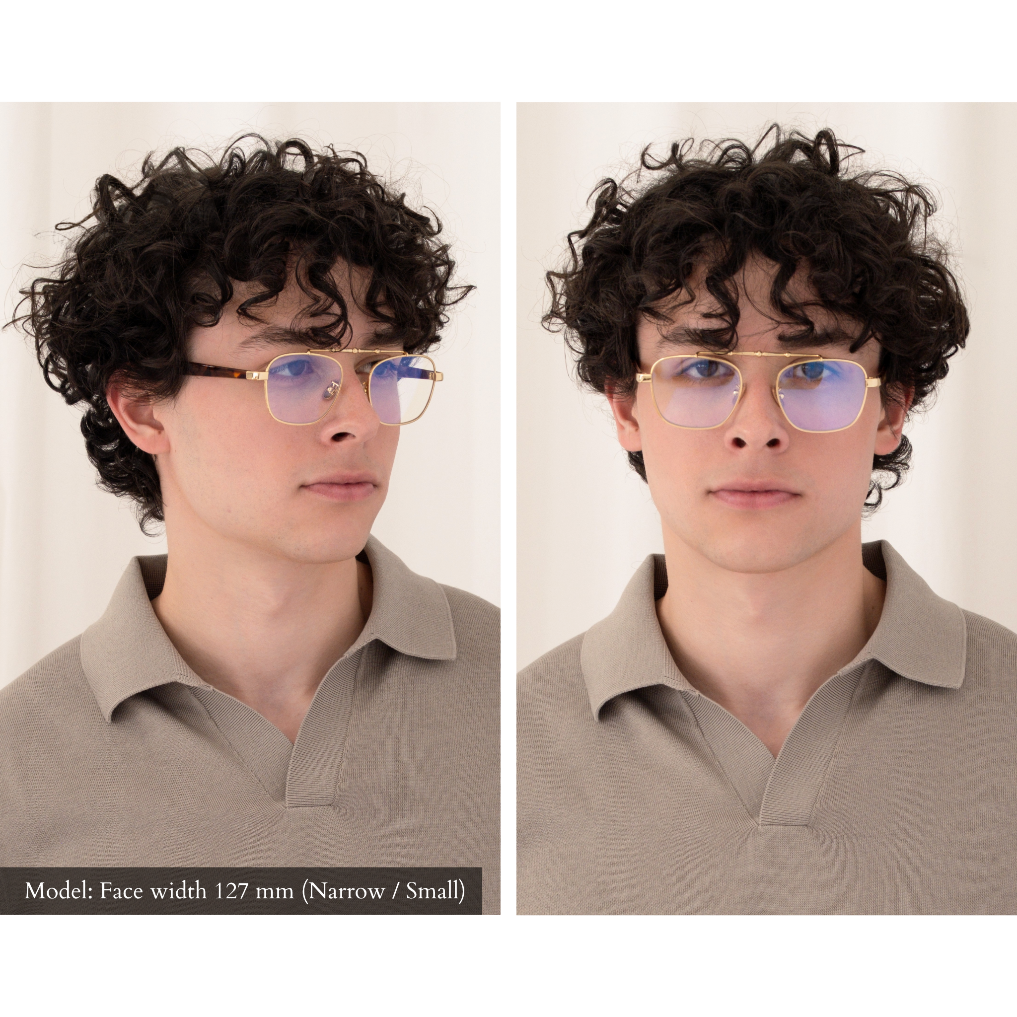 Two side-by-side images of male model wearing Balaustra Aviator sunglasses. Photo one has a turned head to show the tortoise temple arm. Photo two, the model is looking at the camera. Model has a narrow/small face shape and the glasses fit him very well.