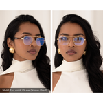 Two side-by-side images of female model wearing Balaustra Aviator sunglasses. Photo one has a turned head to show the tortoise temple arm. Photo two, the model is looking at the camera. Model has a narrow/small face shape and the glasses fit her very well.