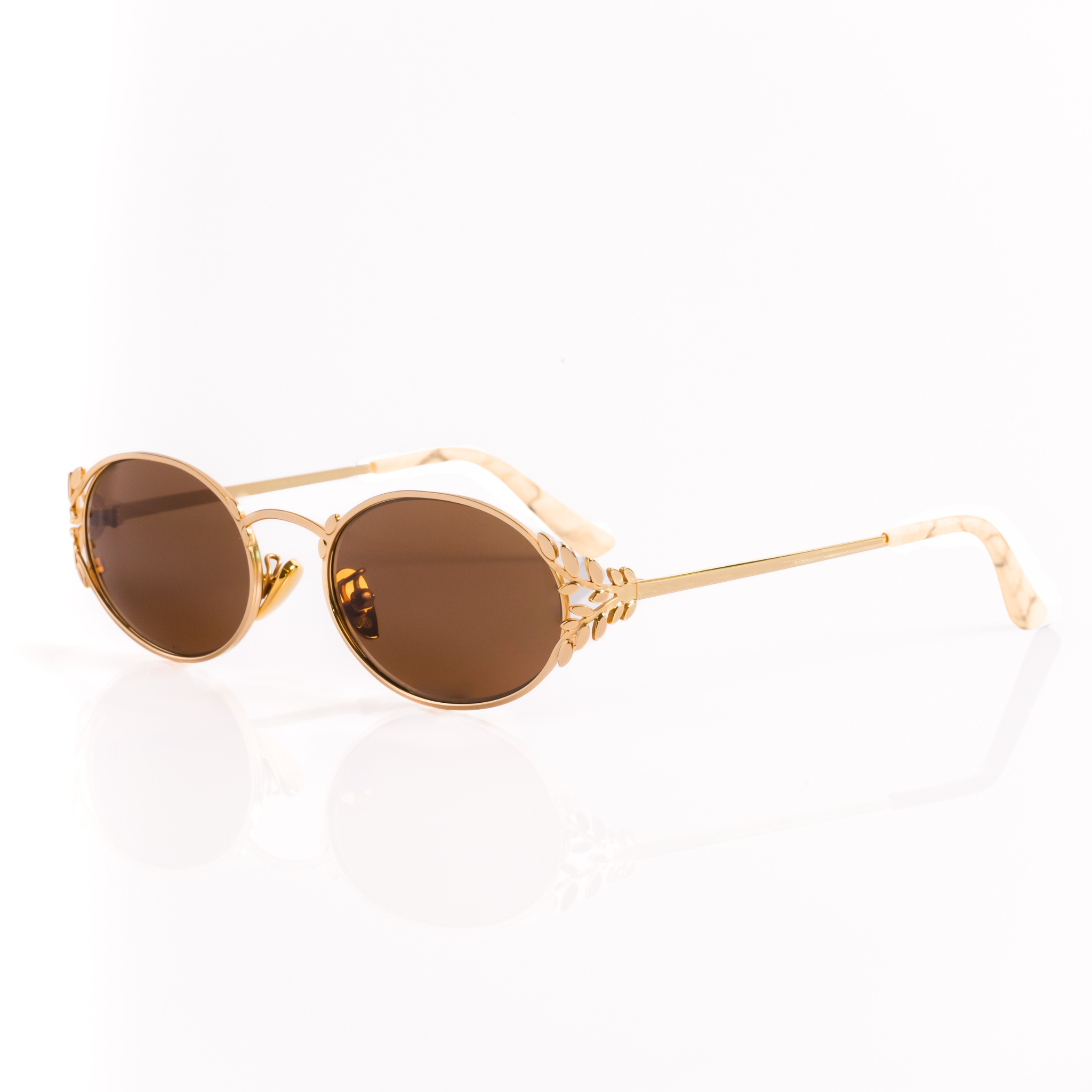Gold-framed sunglasses with brown lenses on a white background showing the left side of the sunglasses