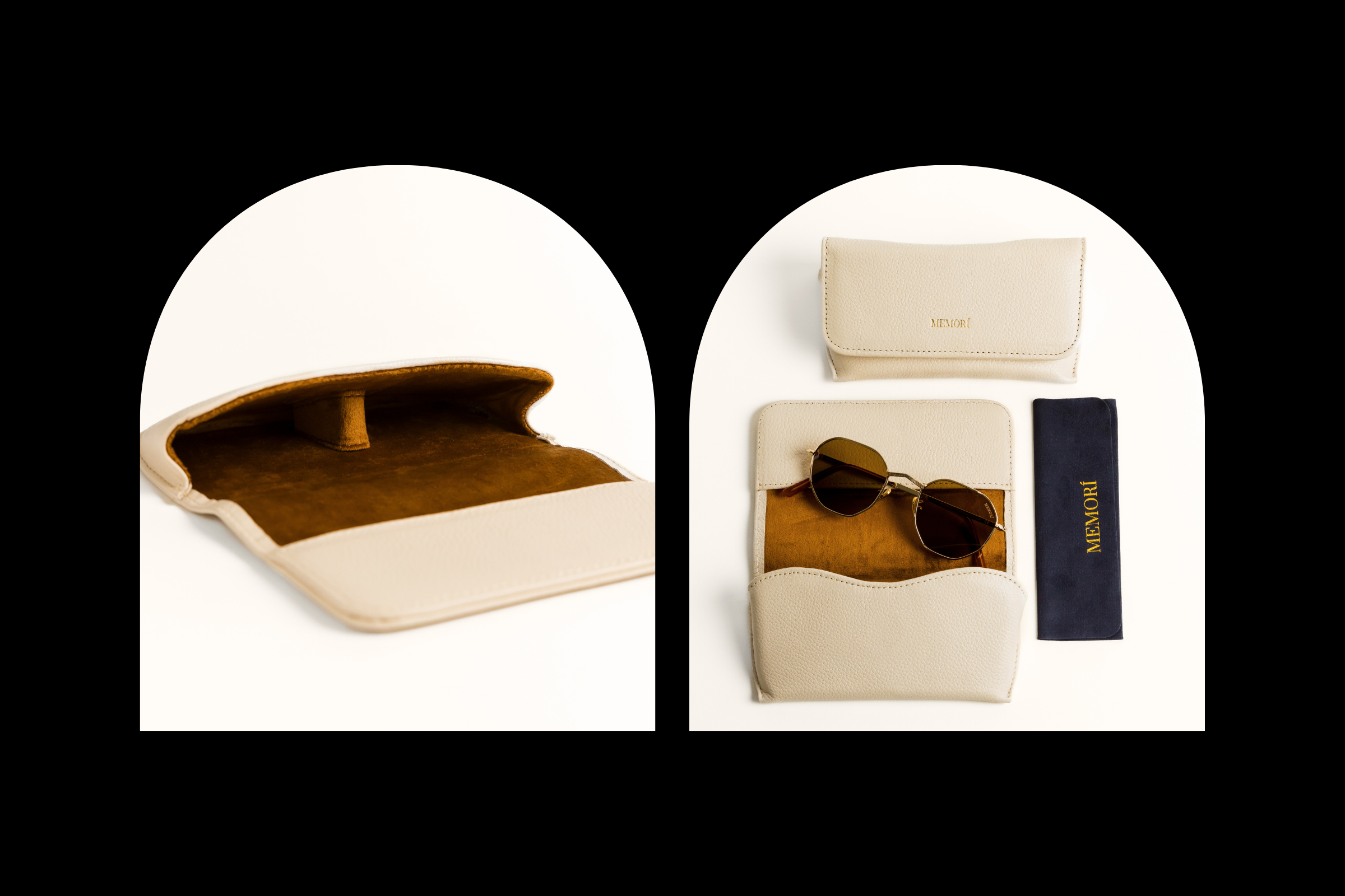 side by side photo of leather glasses case included with eyewear purchase. Case is made of an ivory toned textured leather and has a brown velvet interior. Black folded microfiber cleaning cloth is also shown in photo and is included with eyewear purchase.