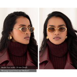 Side-by-side of a woman with a small face shape wearing the medium size of the laurel oval sunglasses. One view looking forward, one view looking to the side, exposing the intricate leaf blinder details on the external rims of the lenses.