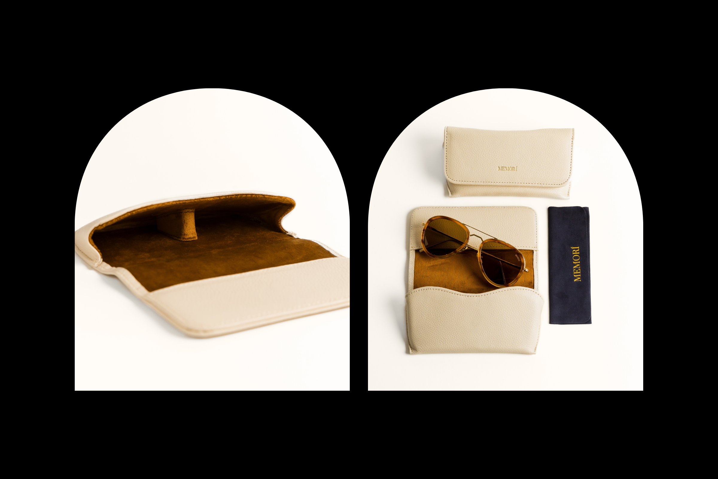 2 images of the included protective leather sunglass case included with sunglass purchase. Left photo: Case laying flat and open, showing internal support that rests under nose of sunglasses to protect glasses from being curshed. Right photo: Flat Lay of sunglass, open case, with visible velvet lining, and included microfiber cleaning cloth.