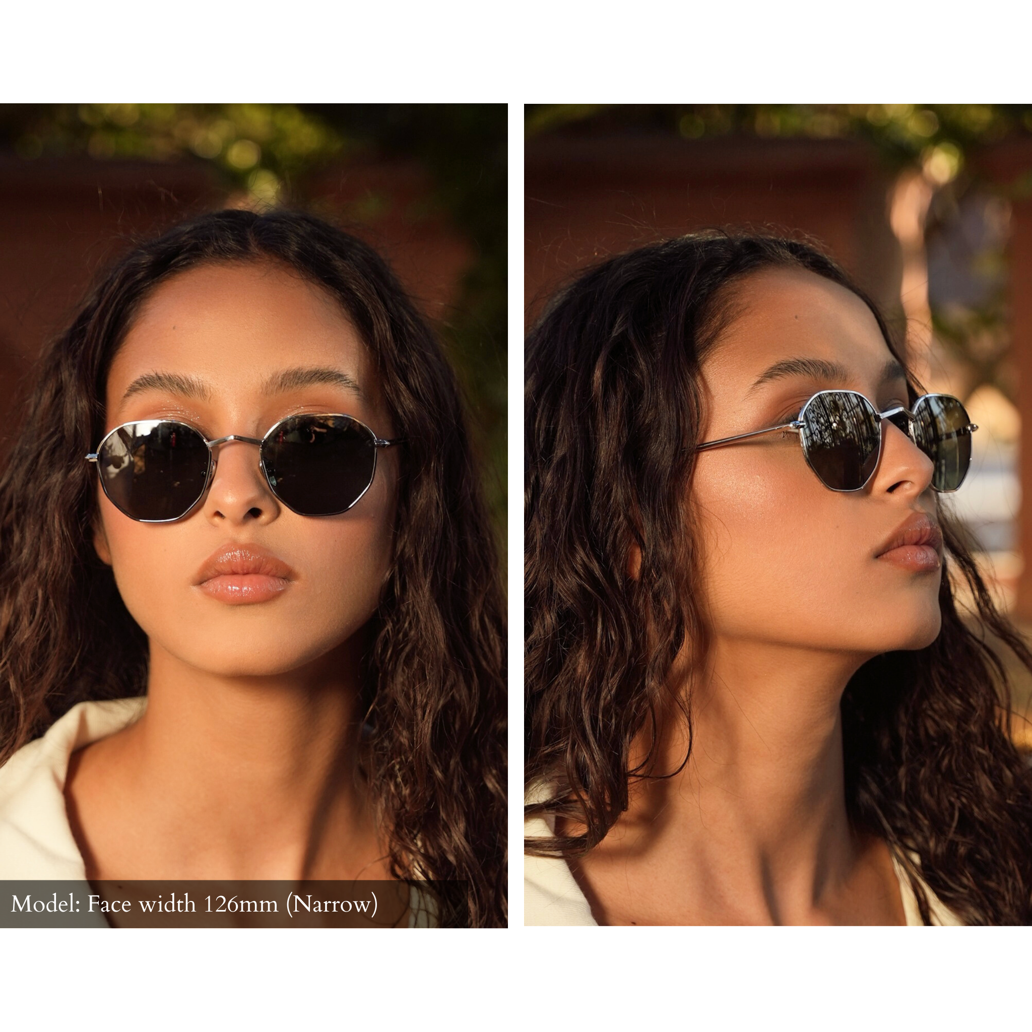 female model wearing silver Memorí hexagon inspired sunglasses, handmade in Italy with a small fit for narrow faces