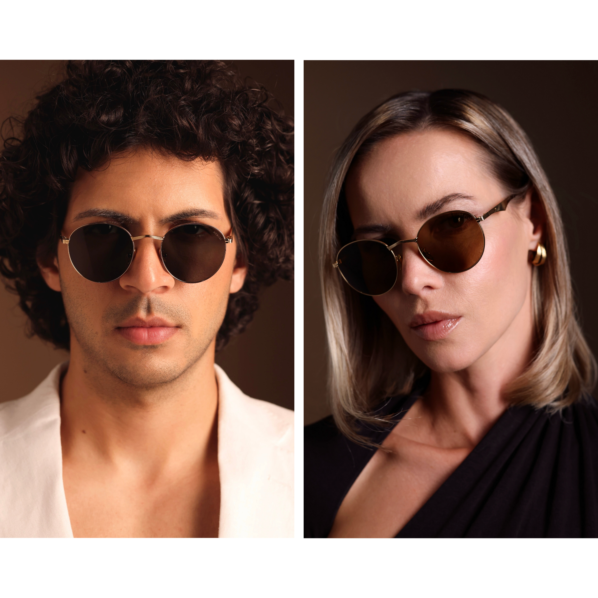 sunglasses with retro scalloped edge detail on temple arm, designed for men and women, photographed side by side on male and female model, each who have a smaller than average face and perfectly fit the sunglasses