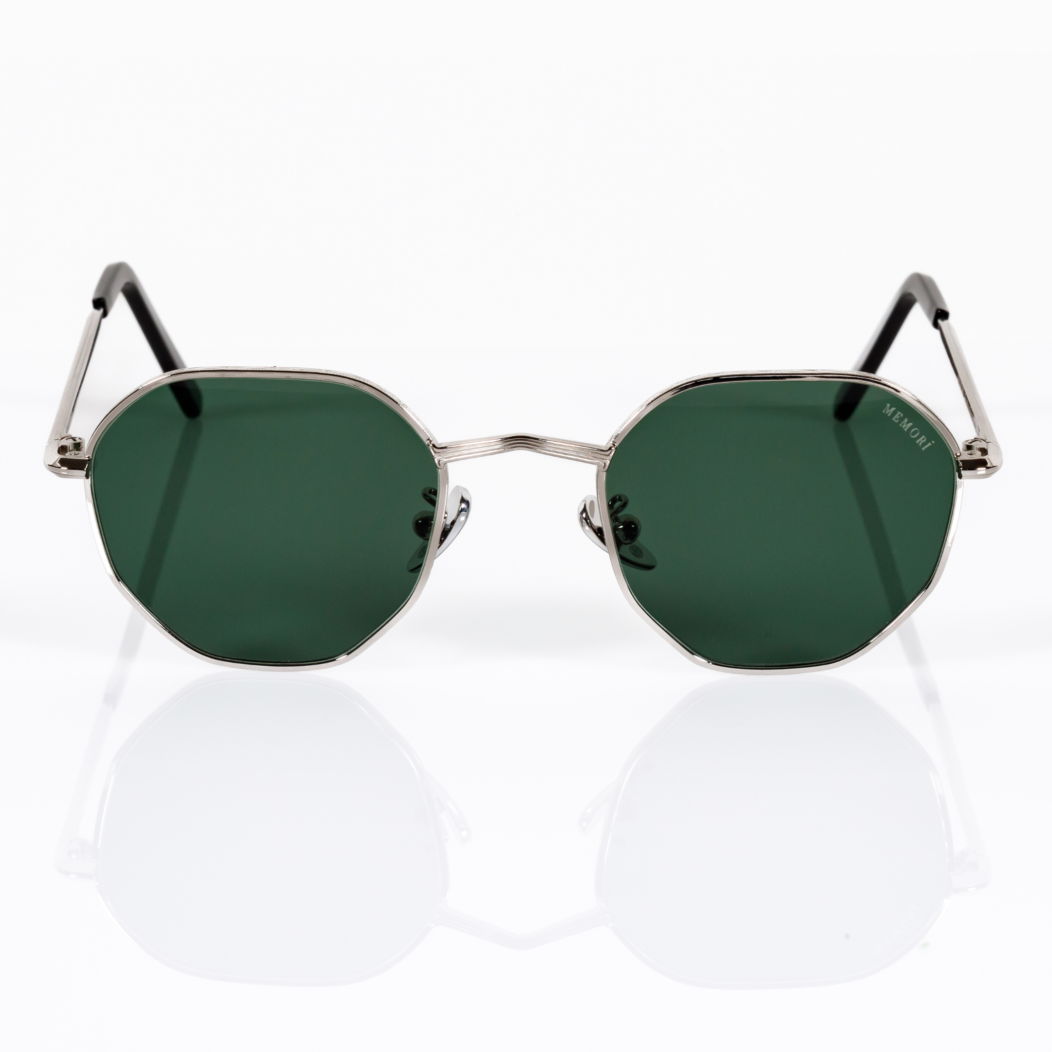 Best sunglasses for small faces silver metal men women front view showcases V shaped nose bridge design detail product photo