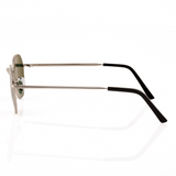 Profile view of Memorí sunglasses in silver. small fit for narrow men's and women's faces.