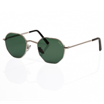 side view of Memorí silver sunglasses, the best sunglasses for small faces. angular nose bridge featured alongside green lenses.