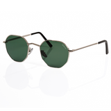 side view of Memorí silver sunglasses, the best sunglasses for small faces. angular nose bridge featured alongside green lenses.
