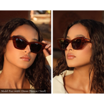 Tortoise pattern cellulose acetate sunglasses pictured on model with narrow face. Sunglasses fit her perfectly and are displayed from two angles. Lenses are dark brown, the model's eyes are not visible through the lenses in the photo.