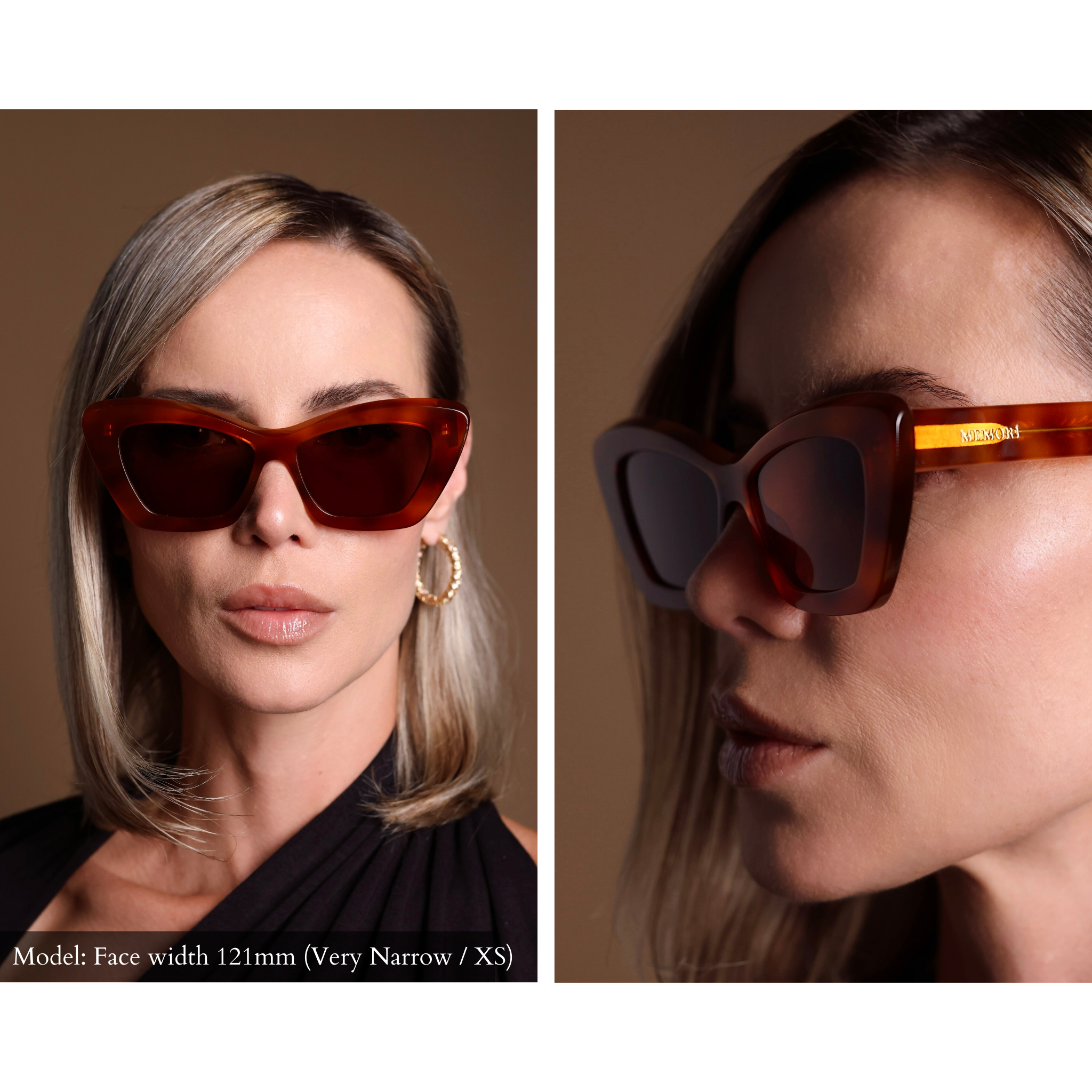 Model wearing angular cat eye sunglasses with tortoise shell pattern, facing front and side view. Gold Memori logo is visible on external temple arm.
