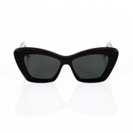 Black cat eye sunglasses for women - view shown from the front. Features a sleek, curved top with square bottoms, kind of like a cat eye sunglass and a wayfarer hybrid. Materials are black Italian acetate with dark gray lenses, which appear black to the eye in most light conditions.