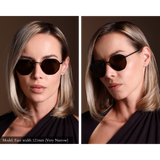Model wearing black hexagonal polarized memori sunglasses. Model has a very narrow face and these sunglasses fit her perfectly.