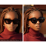 Model with extra small face wearing Memori small fit sunglasses. Striking yet simple, these are the best sunglasses for smaller faces because they are designed to flatter petite faces and features.