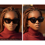 Model with extra small face wearing Memori small fit sunglasses. Striking yet simple, these are the best sunglasses for smaller faces because they are designed to flatter petite faces and features.