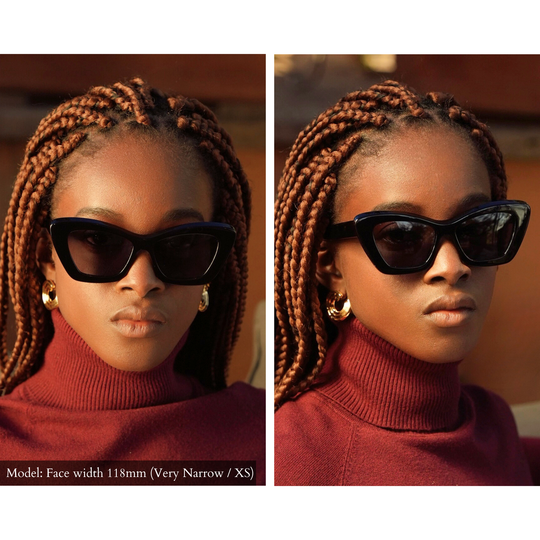 Model with extra small face wearing Memori small fit sunglasses. Striking yet simple, these are the best sunglasses for smaller faces because they are designed to flatter petite faces and features.