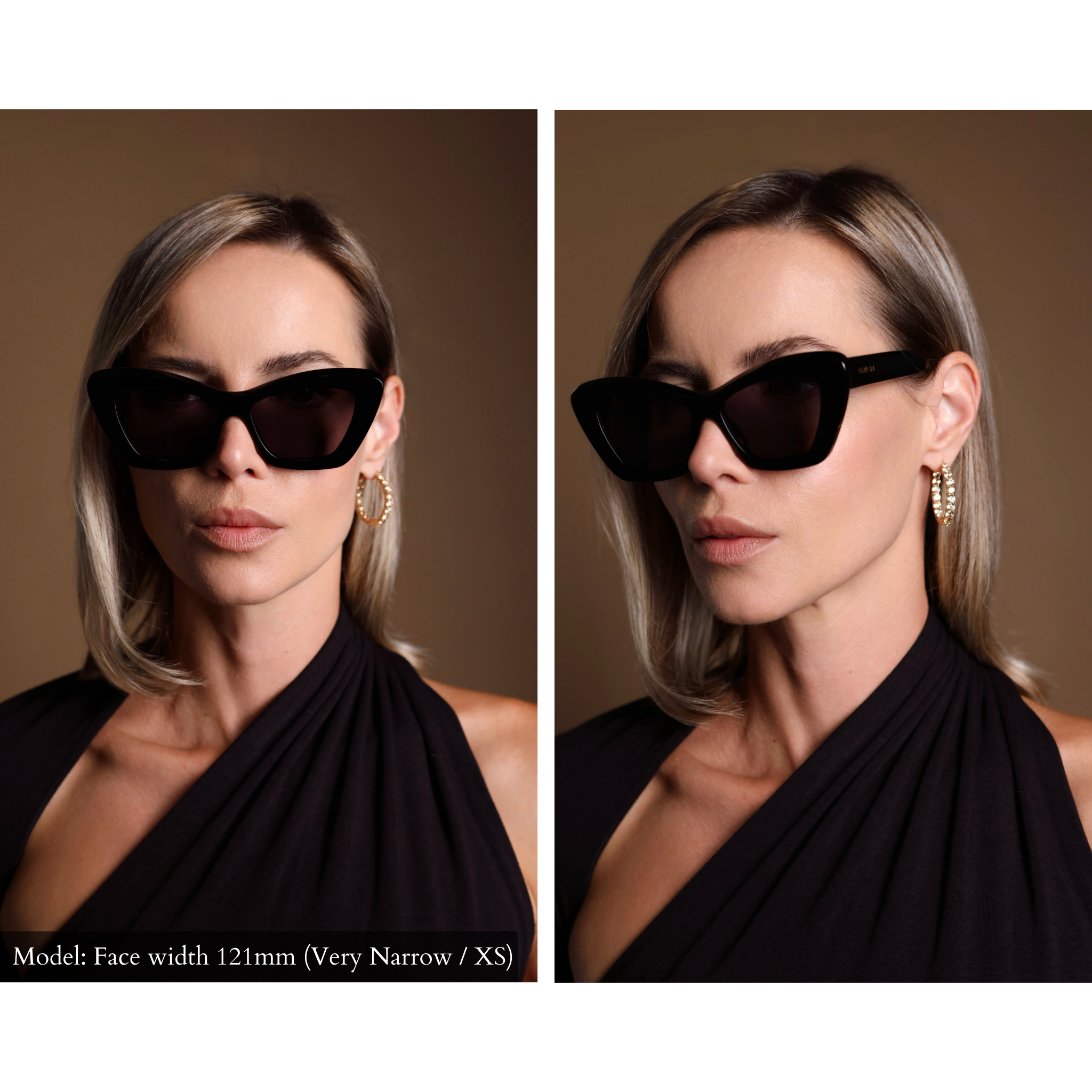Model wearing very elegant, angular black sunglasses. Model has a very narrow face, and the sunglasses look great and do not overpower her features.