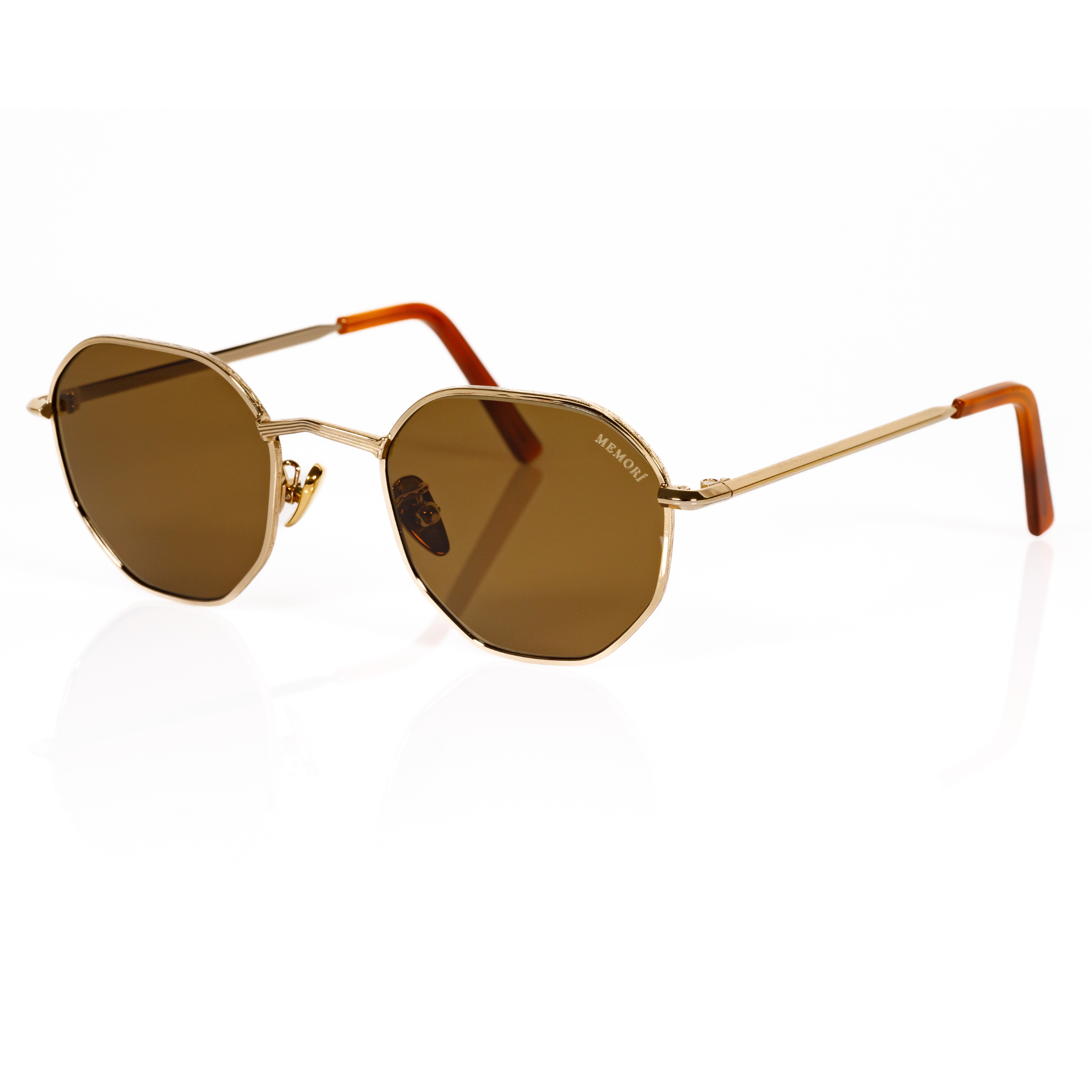 Polarized sunglasses for small faces gold metal unisex, side view showcases V shaped nose bridge design detail and slight hexagonal edge to lens shape