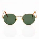 Best gold metal hexagon sunglasses for small faces for men or women. Features V nose bridge and green lenses. Front view.
