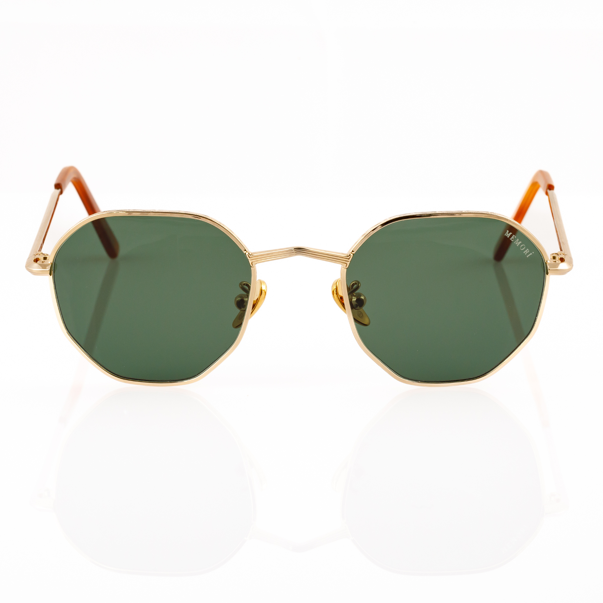 Best gold metal hexagon sunglasses for small faces for men or women. Features V nose bridge and green lenses. Front view.