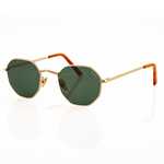 Best gold metal hexagon sunglasses for small faces for men or women. Features V nose bridge and green lenses. side view features metal linear etching on V nose bridge and "Memorí" logo written in upper corner of lens.