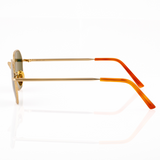 Best gold metal hexagon sunglasses for narrow faces for men and women. Features V nose bridge and green lenses. Profile view shows sturdy temple arms and tortoise pattern temple tips.