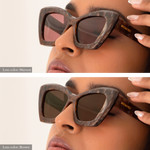 Comparison of two lens options: Maroon (top) vs. Brown (bottom) in the same maroon marbled frame. The brown lenses are slightly darker and appear to let less light through than the maroon. Gold "Memorí" logo is also visible on the temple arm.