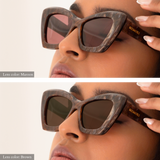 Comparison of two lens options: Maroon (top) vs. Brown (bottom) in the same maroon marbled frame. The brown lenses are slightly darker and appear to let less light through than the maroon. Gold "Memorí" logo is also visible on the temple arm.