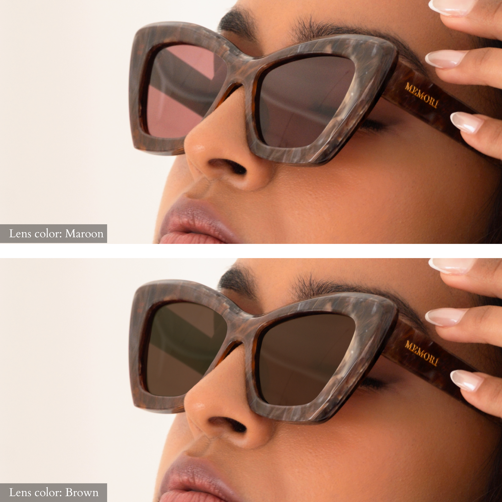 Comparison of two lens options: Maroon (top) vs. Brown (bottom) in the same maroon marbled frame. The brown lenses are slightly darker and appear to let less light through than the maroon. Gold "Memorí" logo is also visible on the temple arm.