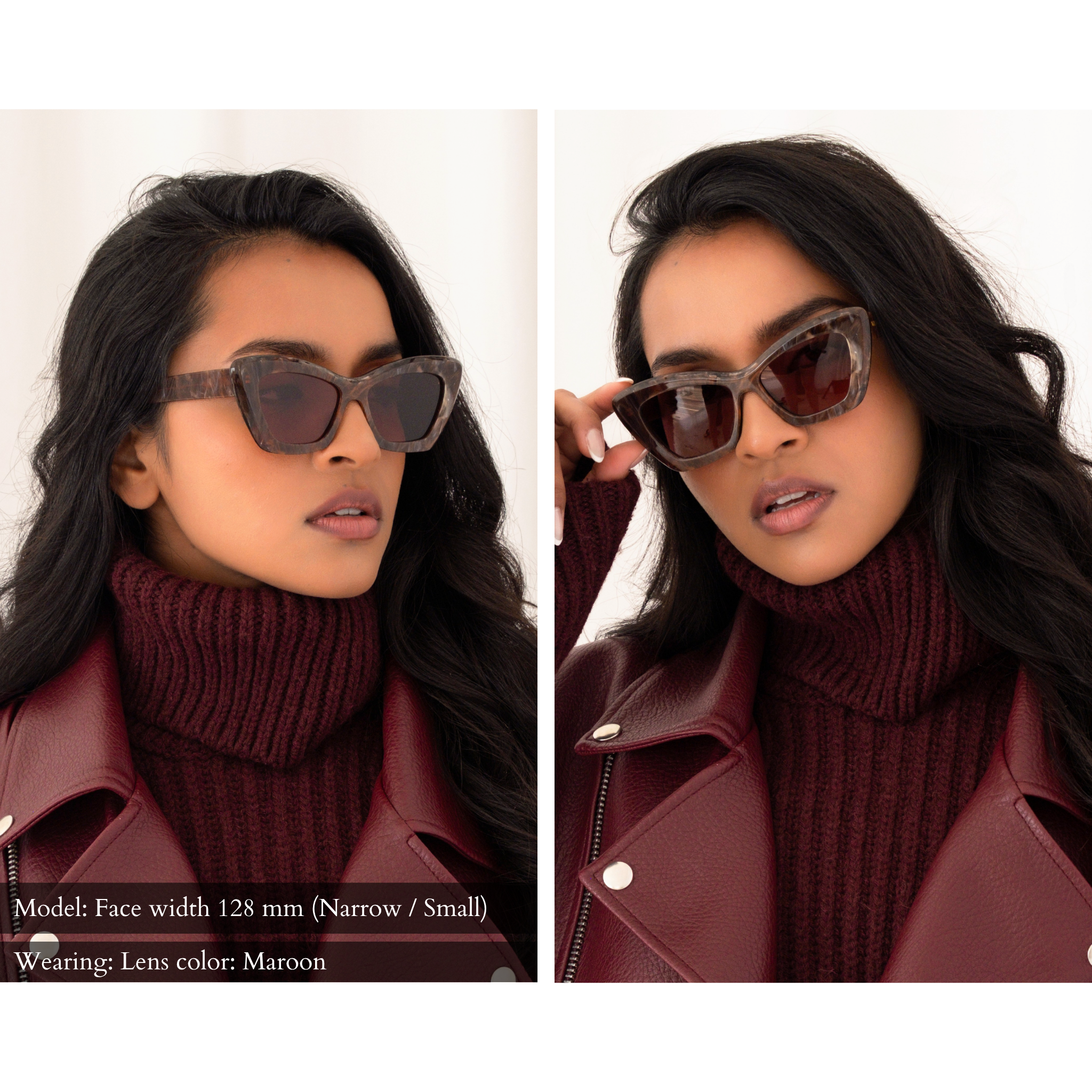 side by side photo of the same model wearing a maroon leather coat layered on top of a maroon sweater, and memori maroon marbled cat eye sunglasses. left photo shows the side view, right photo shows the forward-looking view where we can see the elegant cat eye shape of the lenses. Text on the photo reads: "Model: face width 128mm (Narrow/small) wearing lens color: Maroon".
