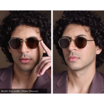 Men's polarized hexagonal sunglasses. Gold frame shown from multiple angle on a man with small head. Best men's sunglasses for small face is Memorí
