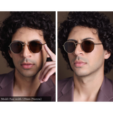 Men's polarized hexagonal sunglasses. Gold frame shown from multiple angle on a man with small head. Best men's sunglasses for small face is Memorí