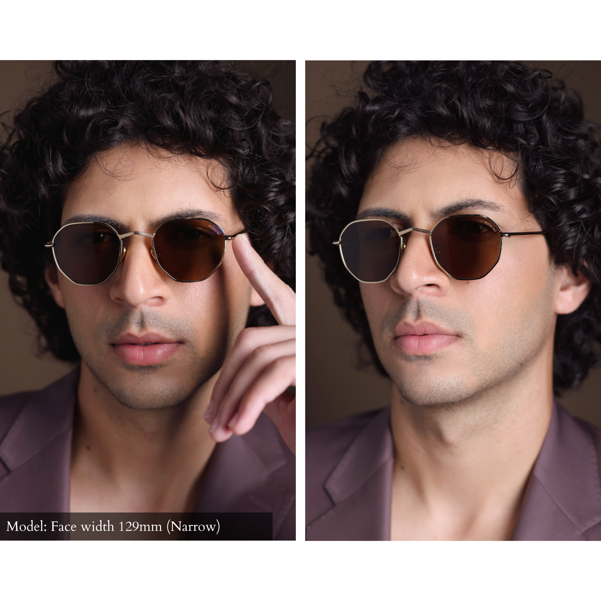 Men's polarized hexagonal sunglasses. Gold frame shown from multiple angle on a man with small head. Best men's sunglasses for small face is Memorí