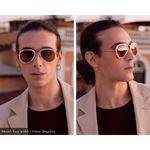 Men's small fit aviator sunglasses gold with white mazzucchelli acetate rims, side by side on model with front view and side view