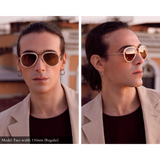 Men's small fit aviator sunglasses gold with white mazzucchelli acetate rims, side by side on model with front view and side view