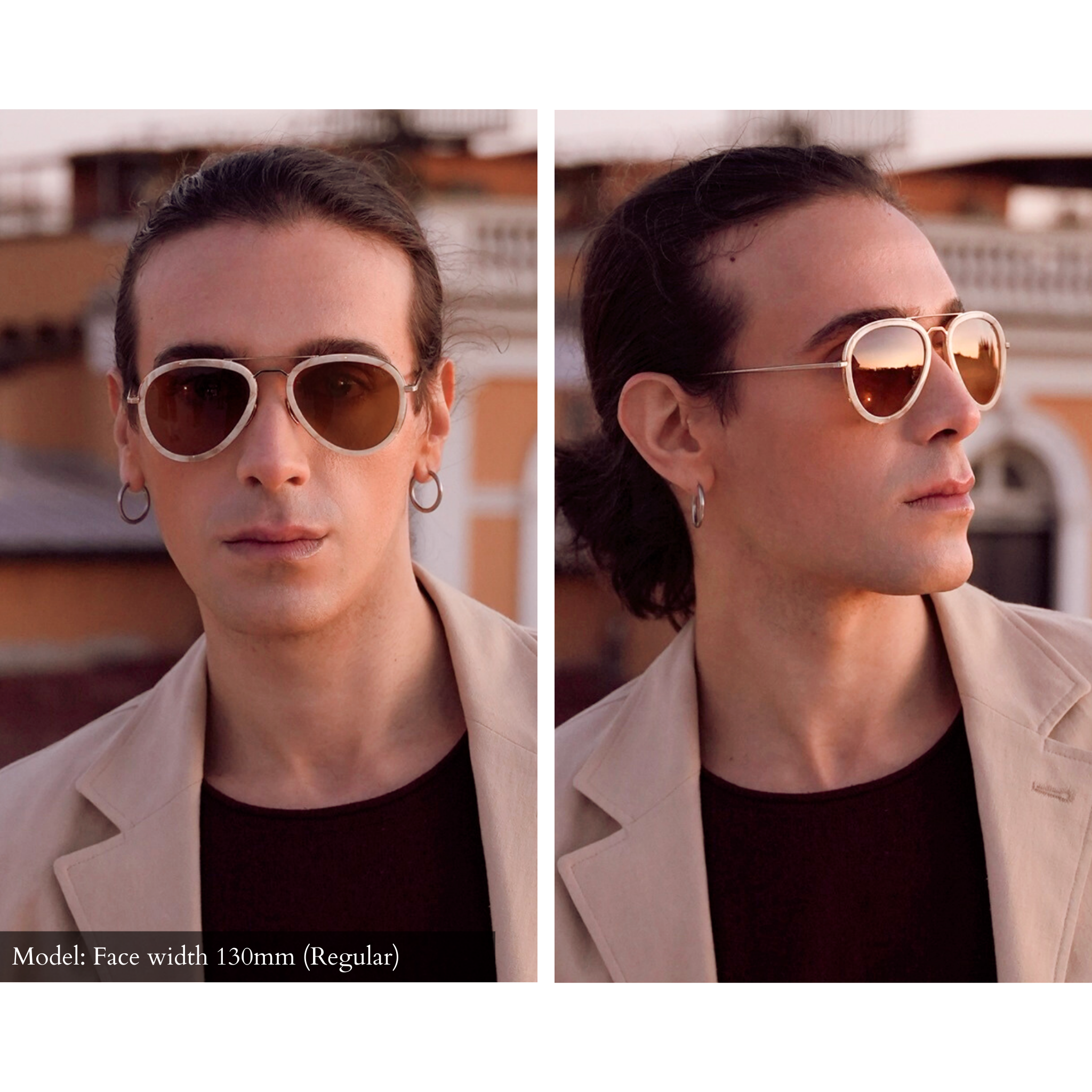 Men's small fit aviator sunglasses gold with white mazzucchelli acetate rims, side by side on model with front view and side view