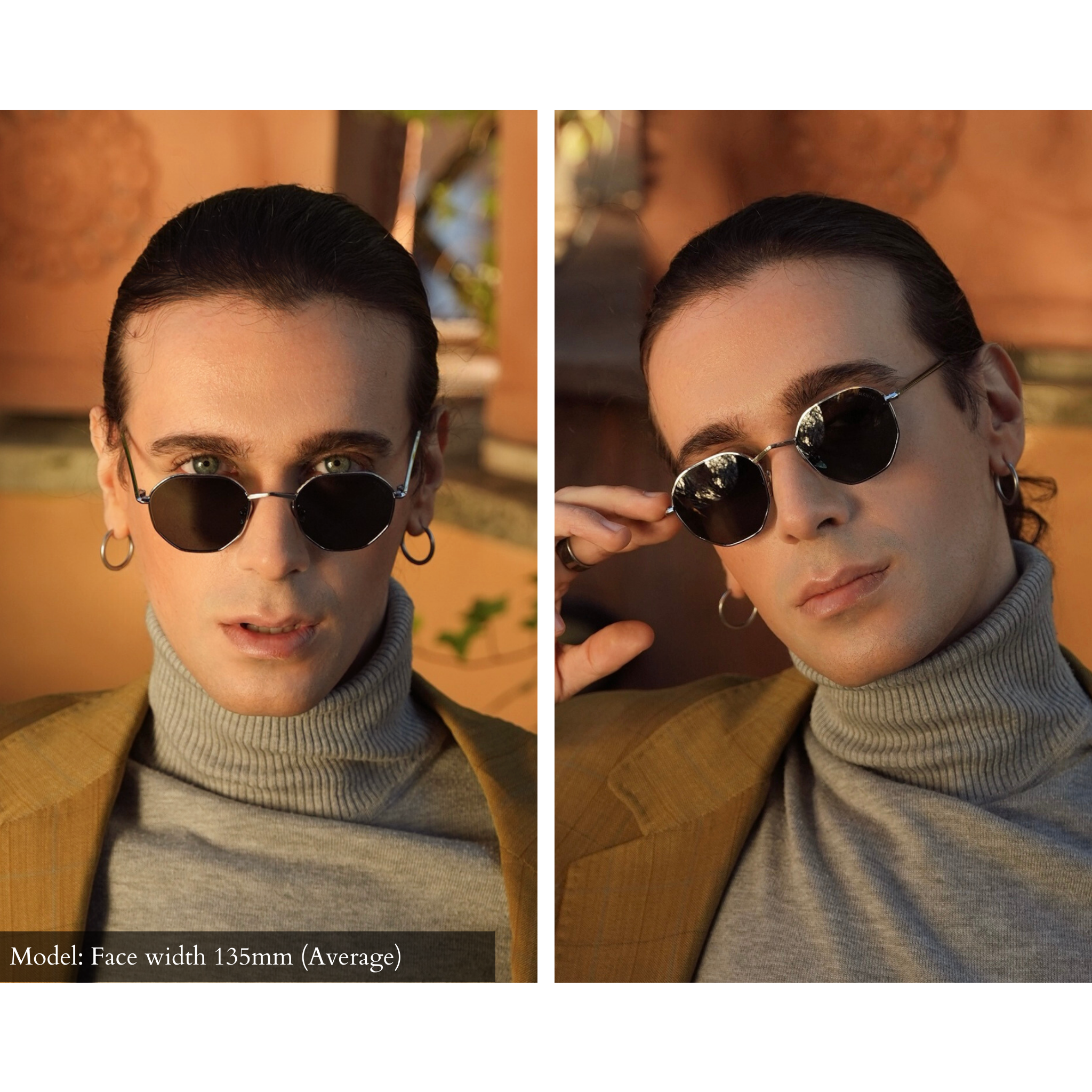 male model wearing silver Memorí hexagon inspired sunglasses, handmade in Italy with a small fit for narrow faces
