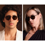 Side by side of models wearing Memorí small fit black polarized sunglasses