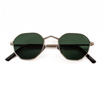Memorí small fit designer sunglasses. folded view shows etched detail in nose bridge and green lenses.