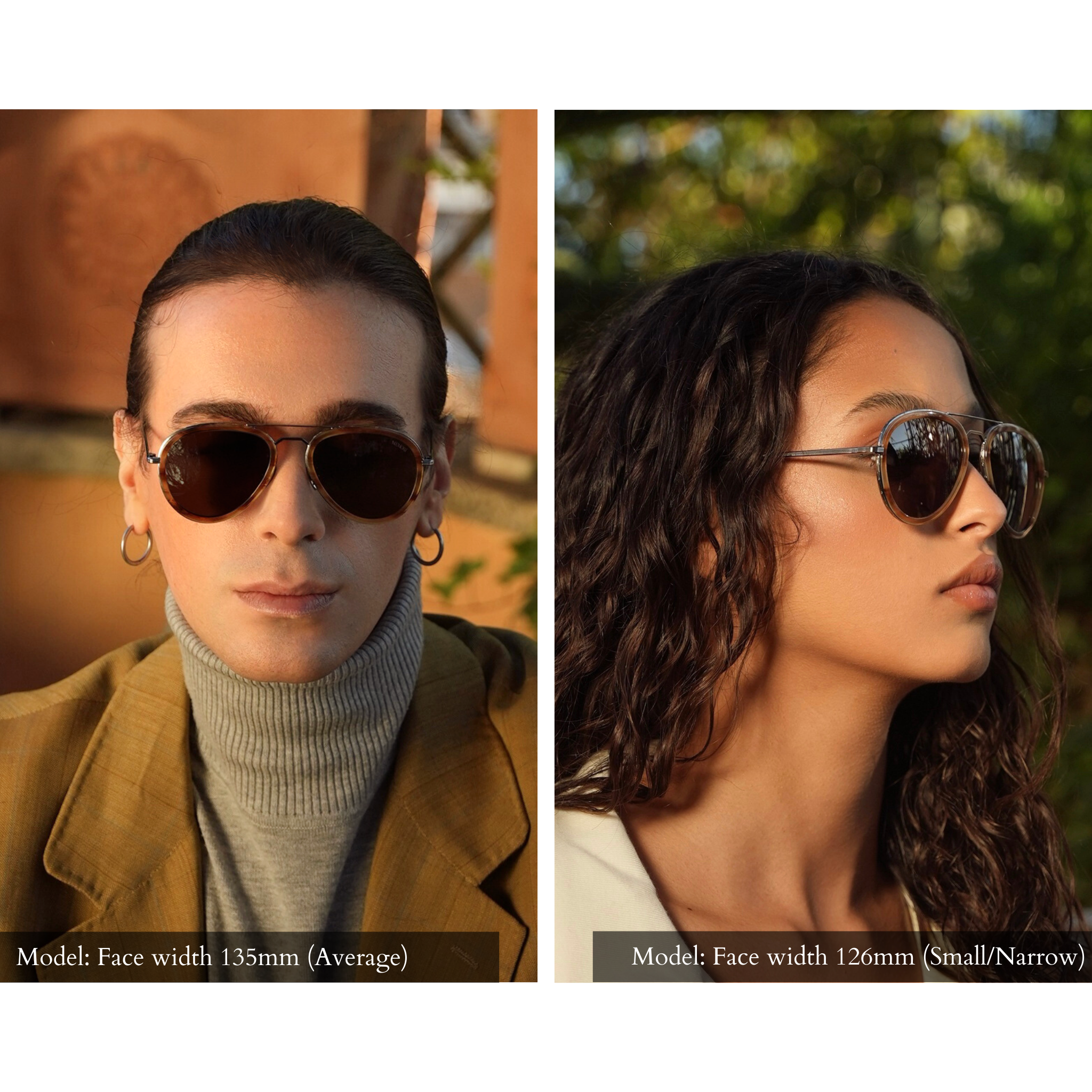 memori sunglasses in the aviator style, as modeled by a male and female model. Unisex design means both men and women look great in this style. the man on the left has an average width face, and the sunglasses fit him. They are slightly too small, but they look good. The model on the right has a small face, and these memory aviator sunglasses fit her perfectly.
