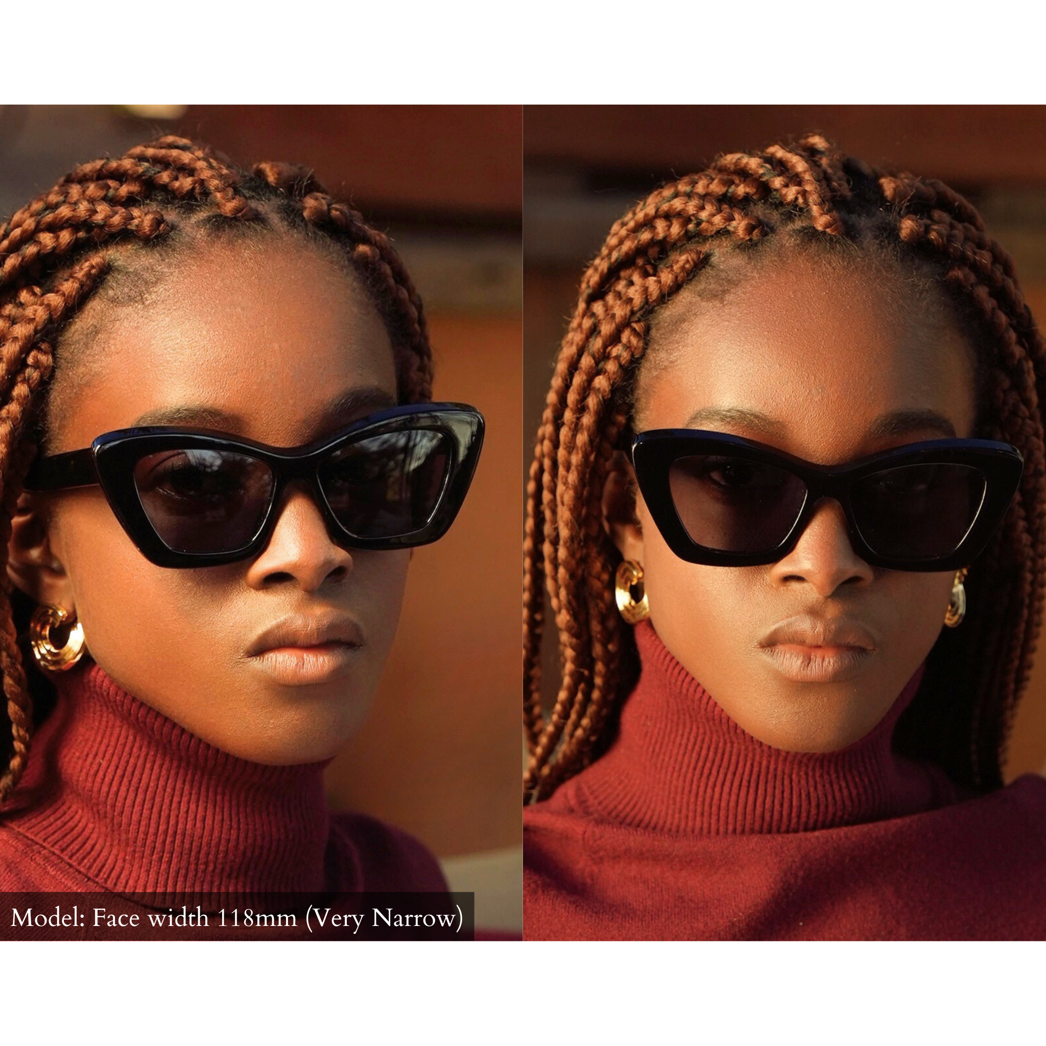 Model with very narrow face wearing black cat eye sunglasses in size small from 2 angles