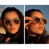 Womans small fit aviator sunglasses in gold with white mazzucchelli acetate sheaths around lenses. Side by side image shows front and side view.